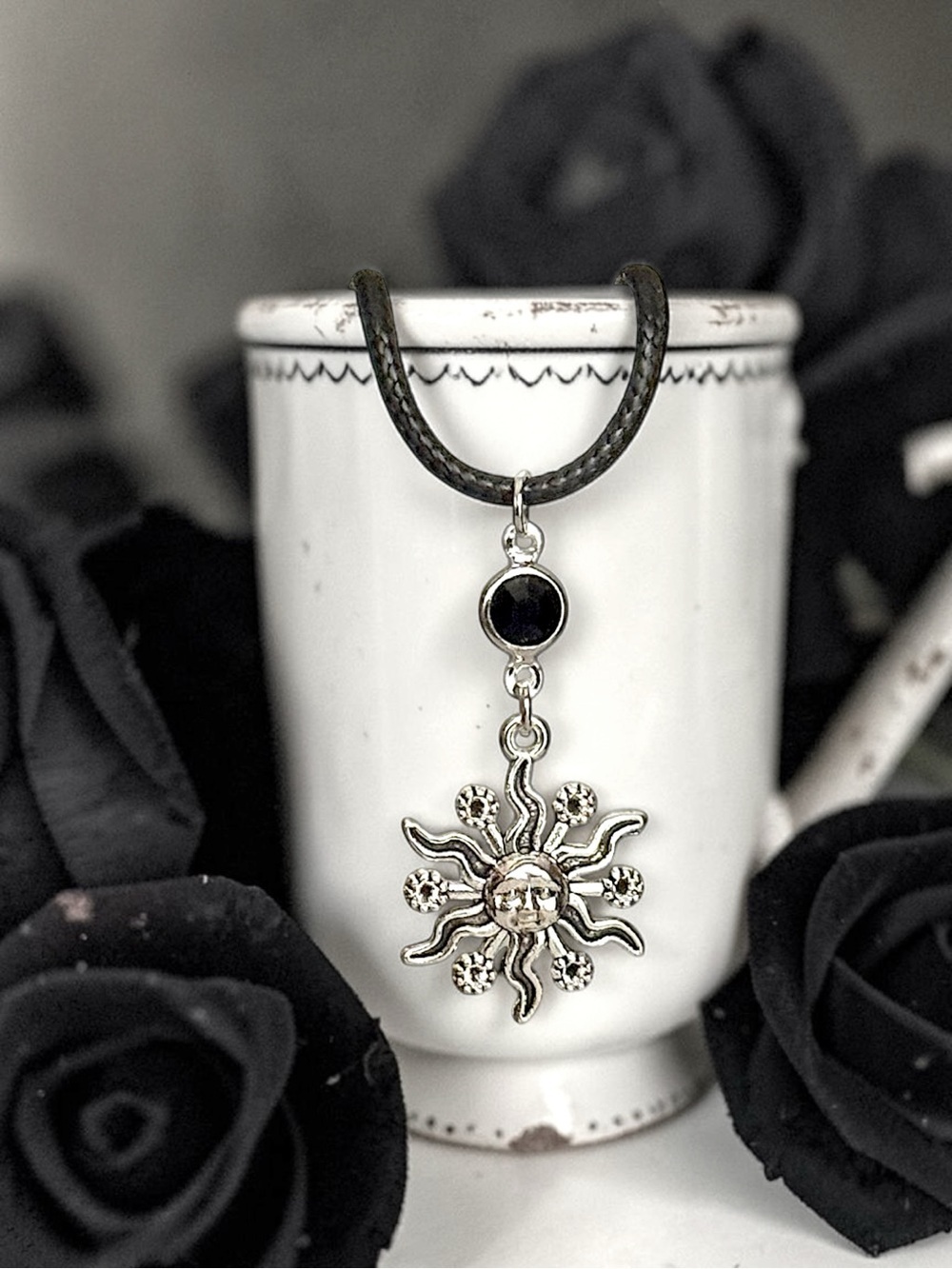5 For $25💫Silver Sun Pendant Necklace Featuring a Black Acrylic Gem Accent